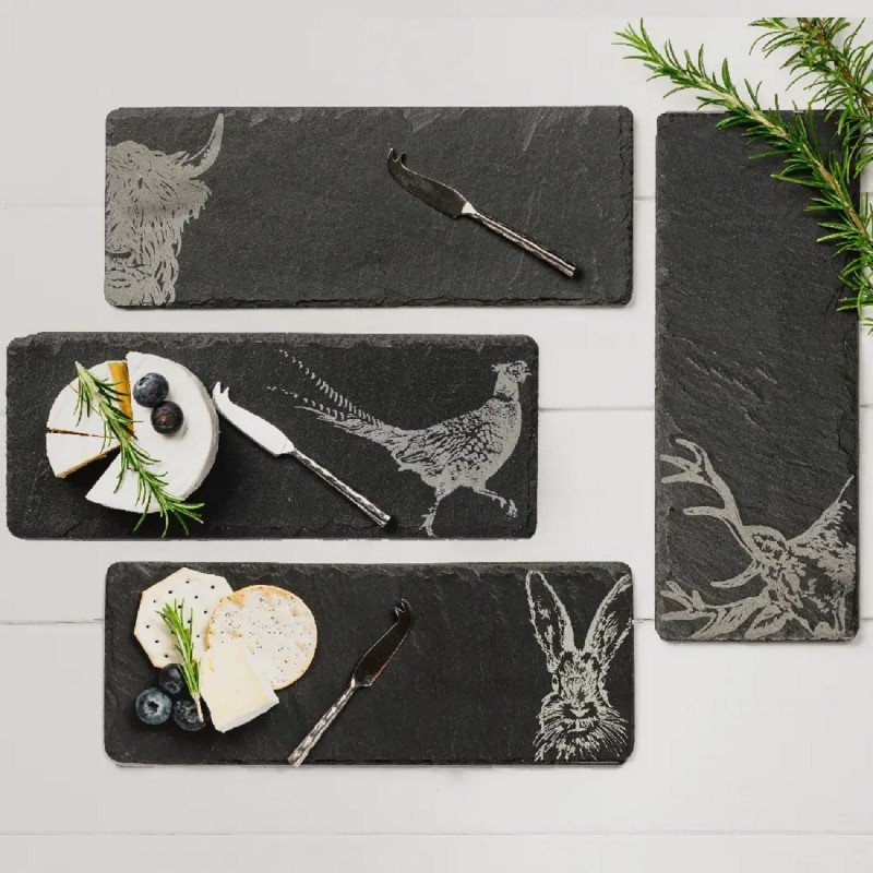 Schieferplatten mit Tiermotiven, Hirsch Käsebrett Hirsch, Fasan Käsebrett Fasan, Hase Käsebrett Hase, Kuh Käsebrett Kuh