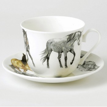 Pferdetasse mit Untertasse, Pferde Kaffeetasse, Pferde Teetasse, Pferde Porzellantasse Pferdezeichnungen